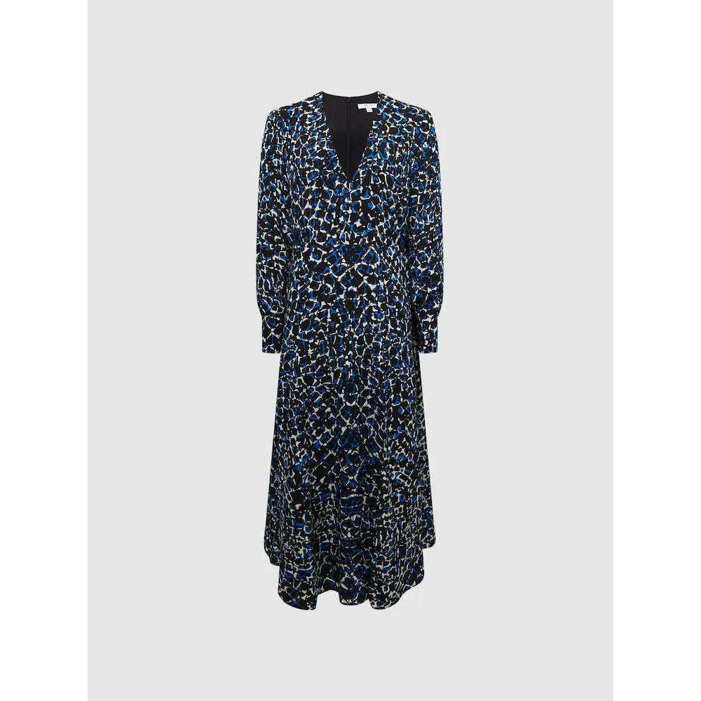 Reiss Greta Blue Abstract Print Long Sleeve Midi Dress Size 4 US 8 UK - Picture 2 of 14